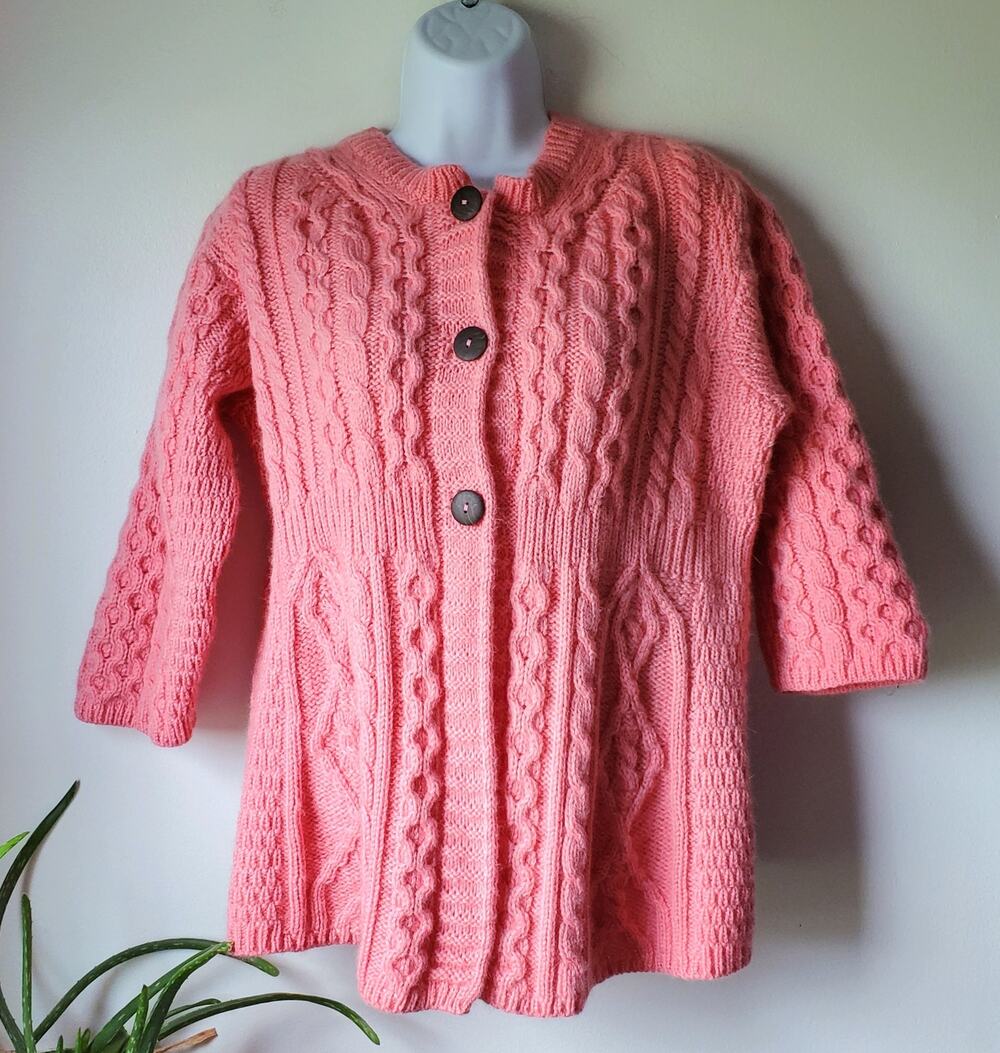 KilRonan Womens Irish Merino Wool 3/4 Sleeve Pink Cabelknit Sweater Size M Boho